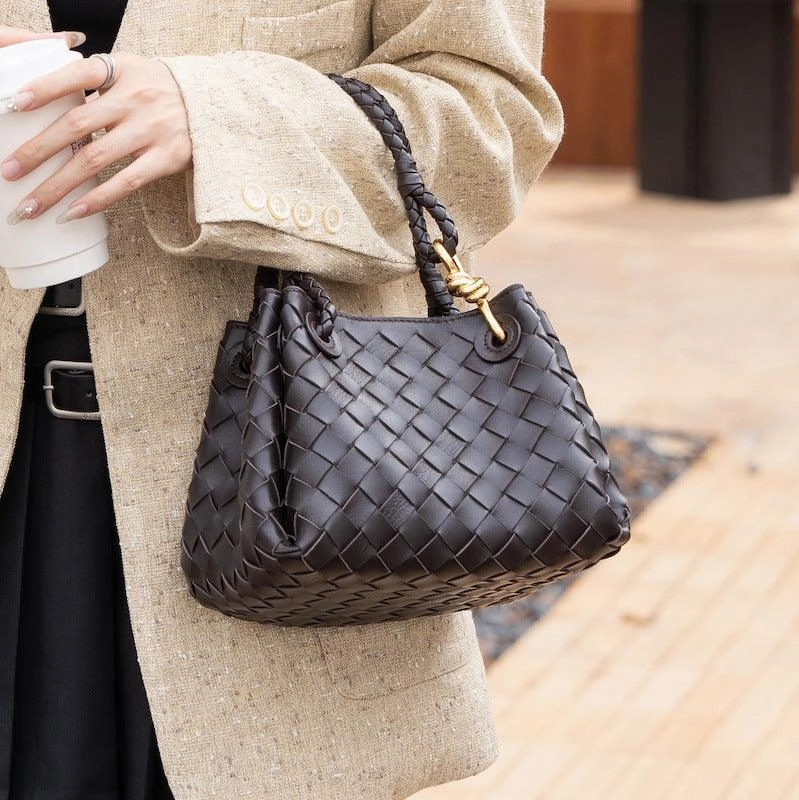 Compact Organizer Double-Sided Weaving Noir Woven Lambskin Leather Shoulder Bag with Braided Handle and Gold Accents