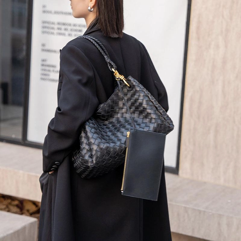 Stylish Practicality Double-Sided Weaving Noir Woven Lambskin Leather Shoulder Bag with Braided Handle and Gold Accents