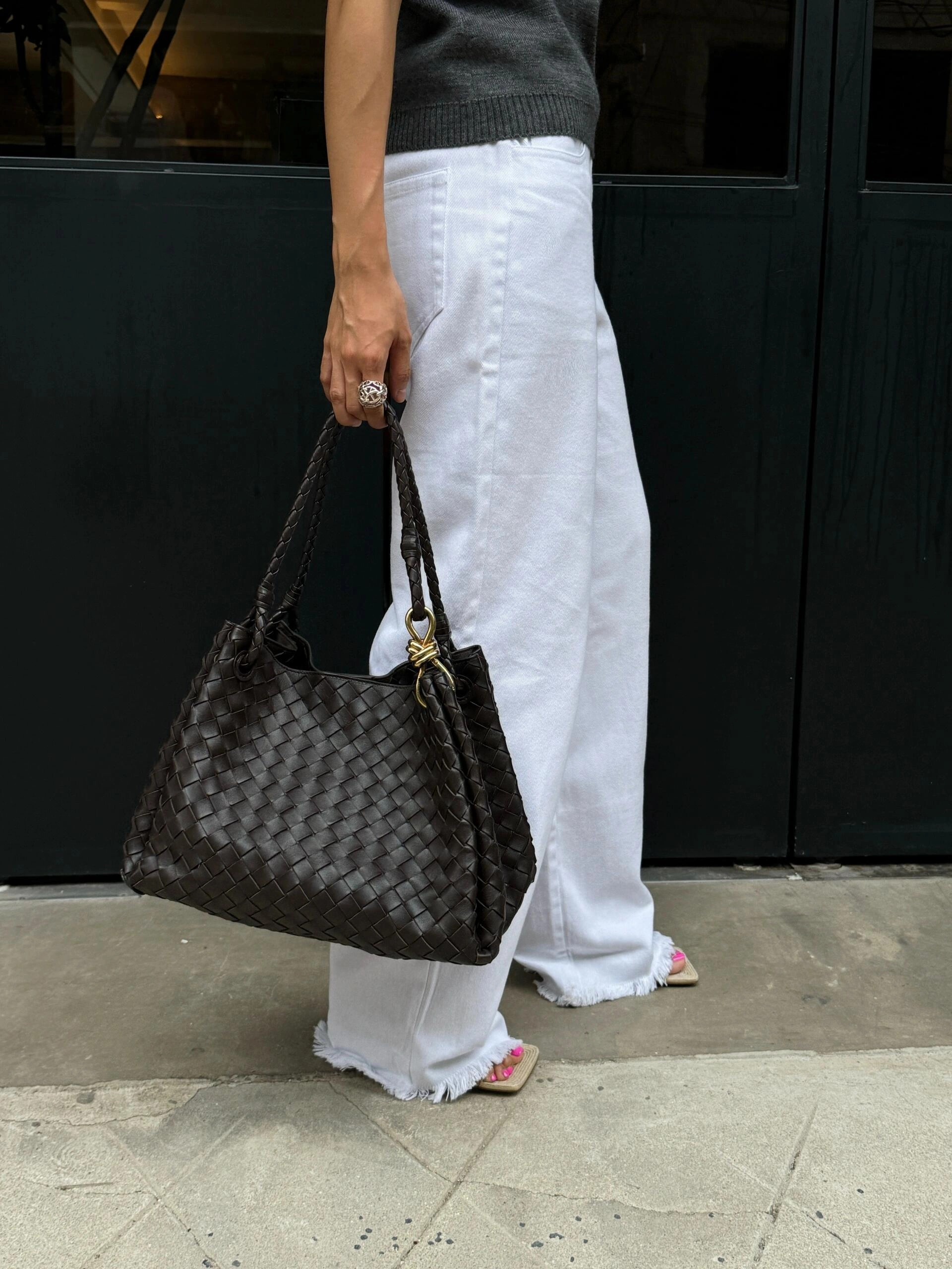 City Adventure Functional Travel Double-Sided Weaving Noir Woven Lambskin Leather Shoulder Bag with Braided Handle and Gold Accents