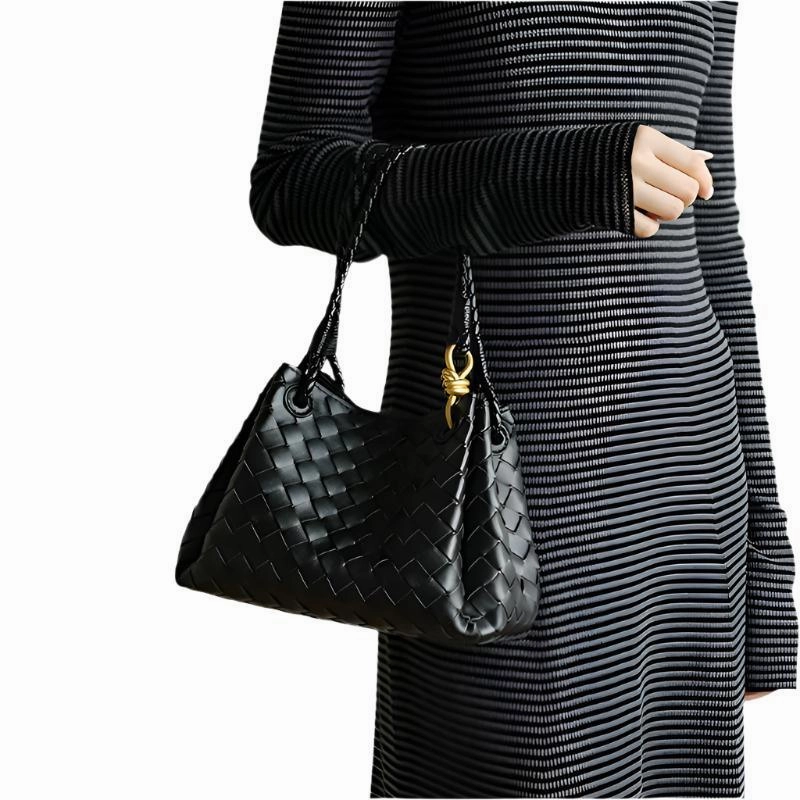 Simple Gear Double-Sided Weaving Noir Woven Lambskin Leather Shoulder Bag with Braided Handle and Gold Accents