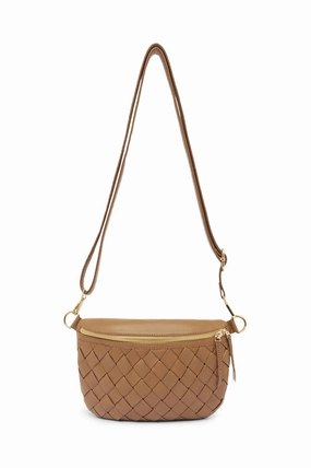 Effortless Chic Ramona Woven Leather Crossbody Bag Tan with Pocket