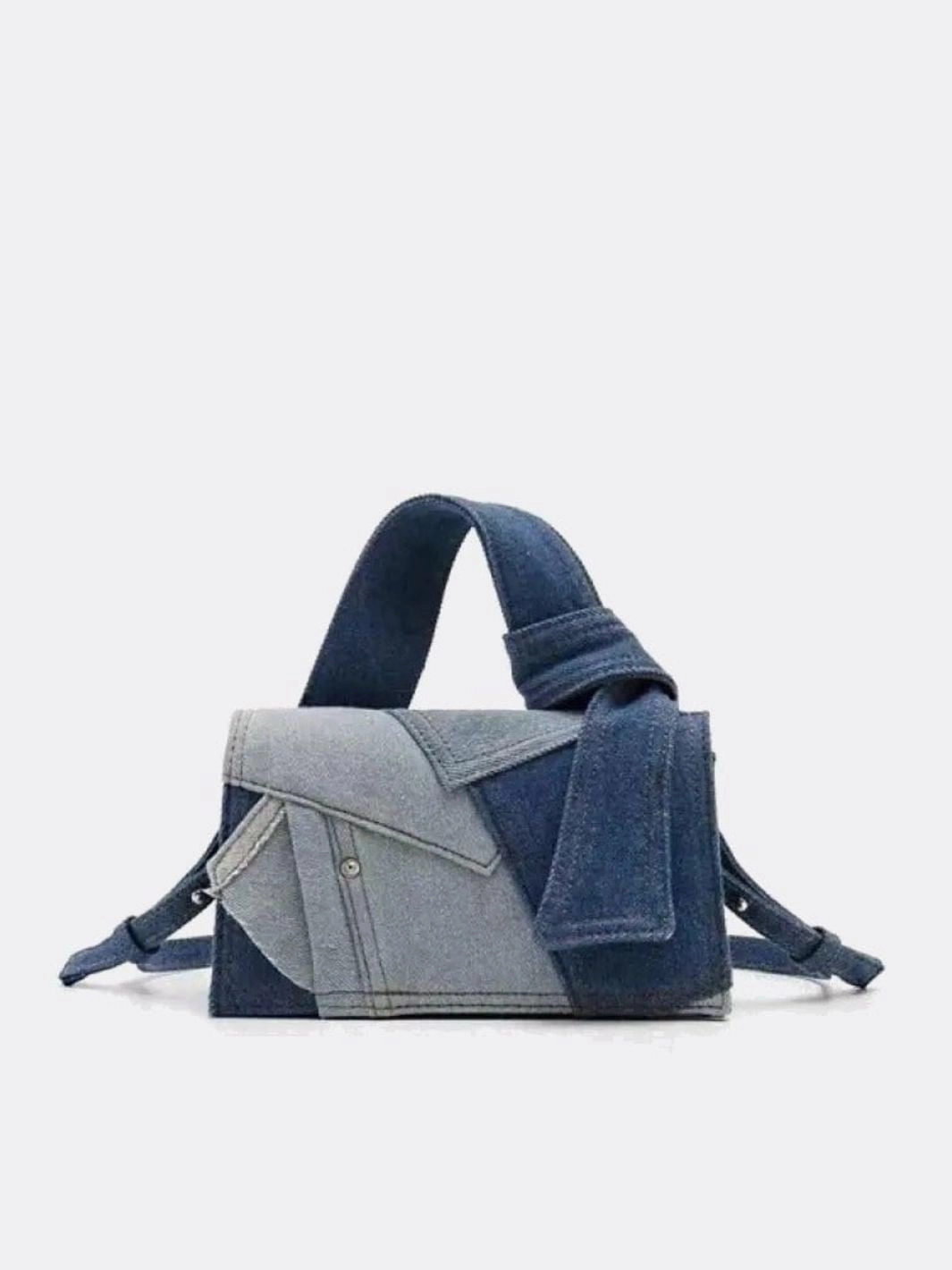 Soft Texture Minimal Carry Rebel Denim Patchwork Bag ?C Jean-Inspired Handbag with Top Handle & Tie Detail