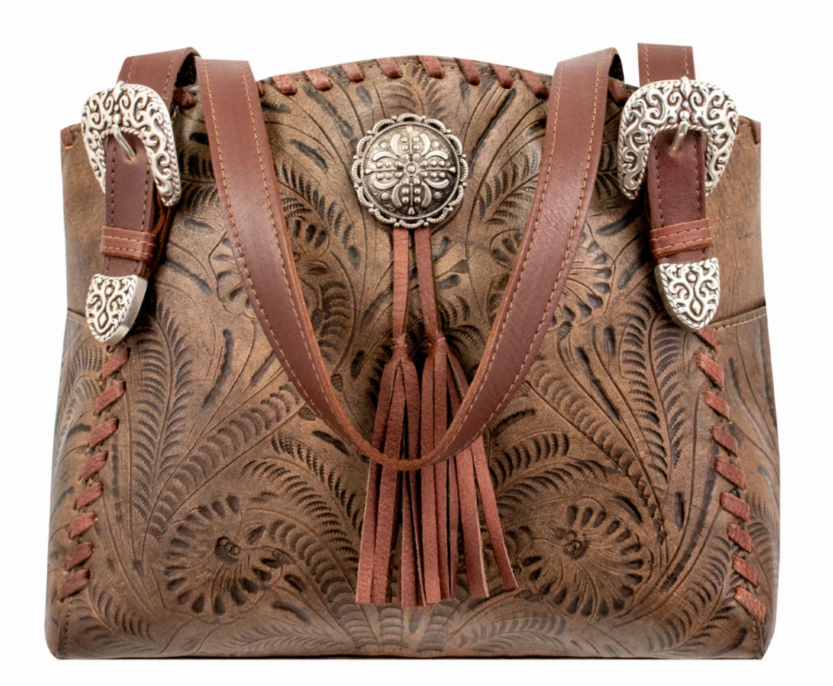 Compact Comfort American West Handbag Lariats & Lace Collection: Leather Zip Top Tote