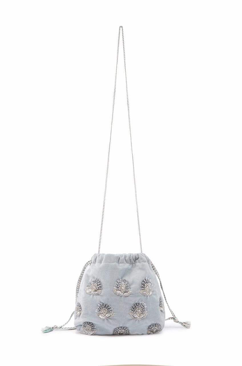 Rhiannon Velvet Drawstring Bag Grey Urban Lifestyle