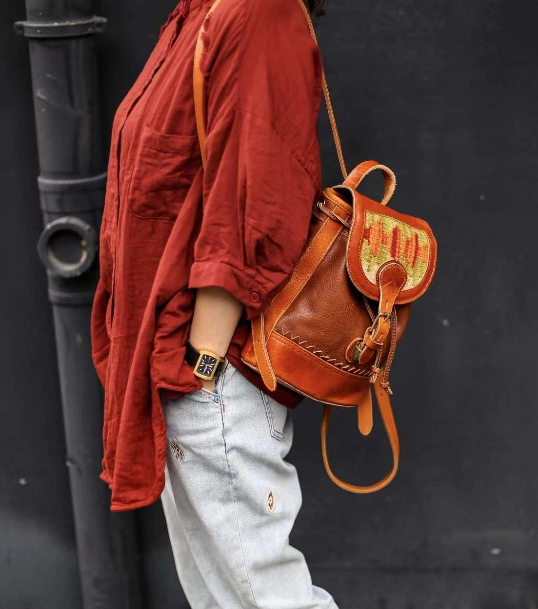 Light Carry Urban Trend Handcrafted Small Leather Backpack with Embroidered Flap | Full-grain Leather Backpack with Carpet Pattern Patchwork