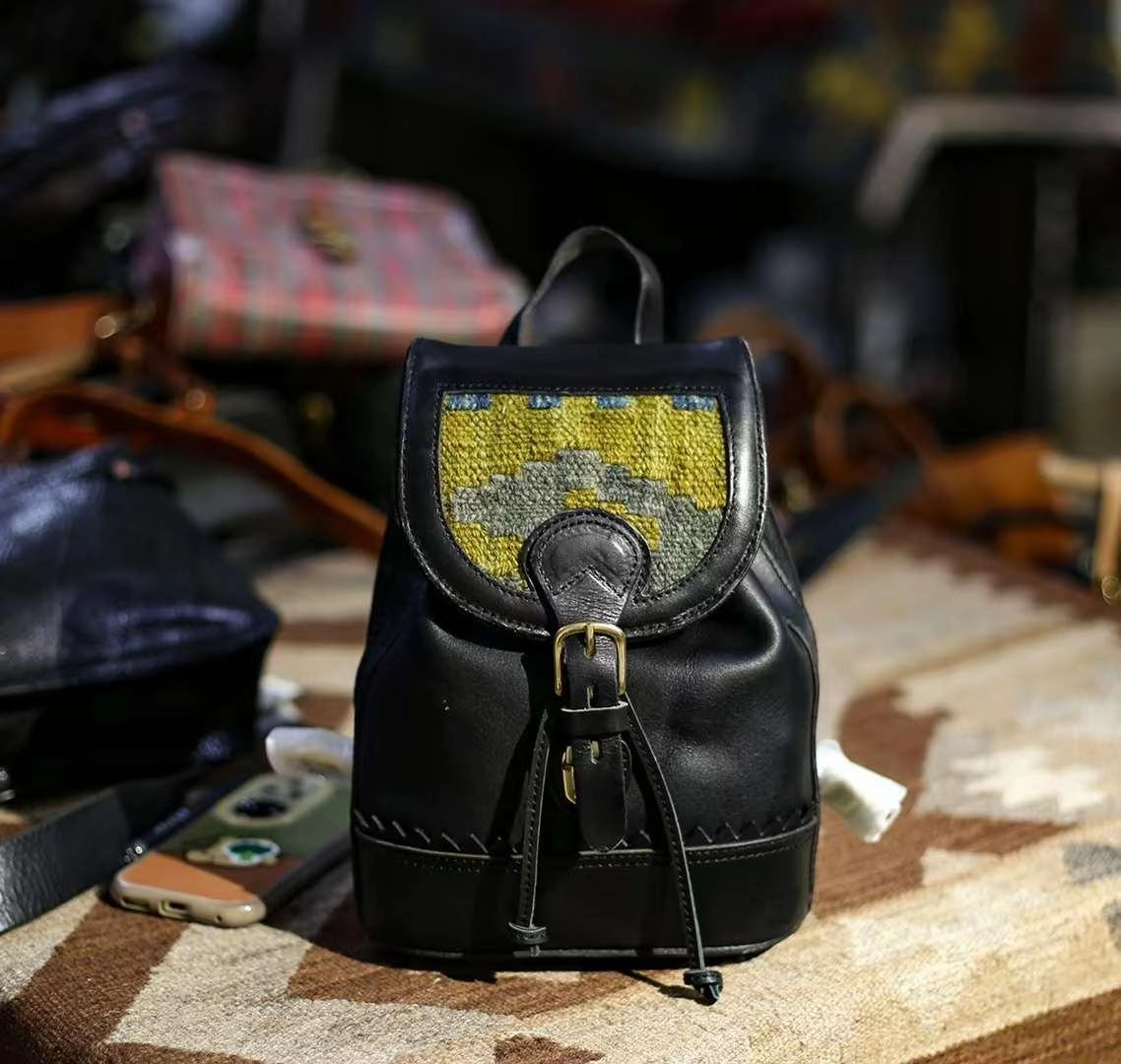 Outdoor Explorer Flexible Carry Handcrafted Small Leather Backpack with Embroidered Flap | Full-grain Leather Backpack with Carpet Pattern Patchwork