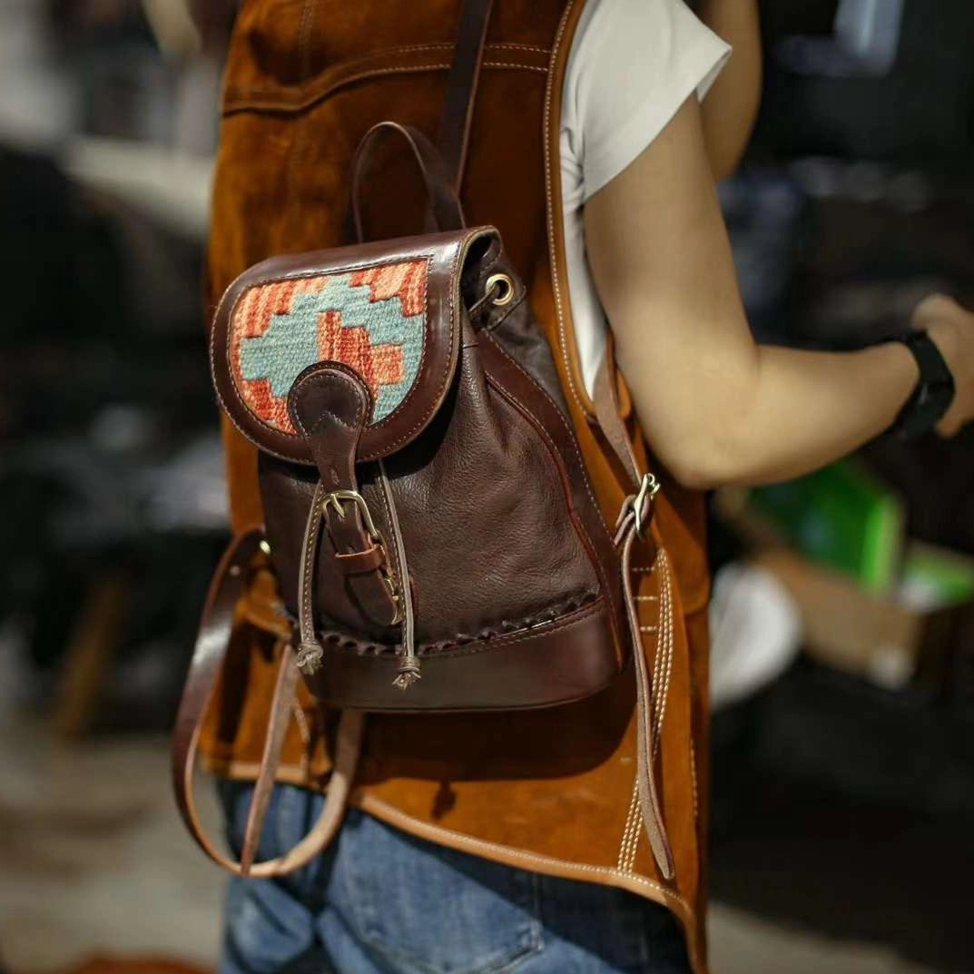 Handcrafted Small Leather Backpack with Embroidered Flap | Full-grain Leather Backpack with Carpet Pattern Patchwork Sleek Utility
