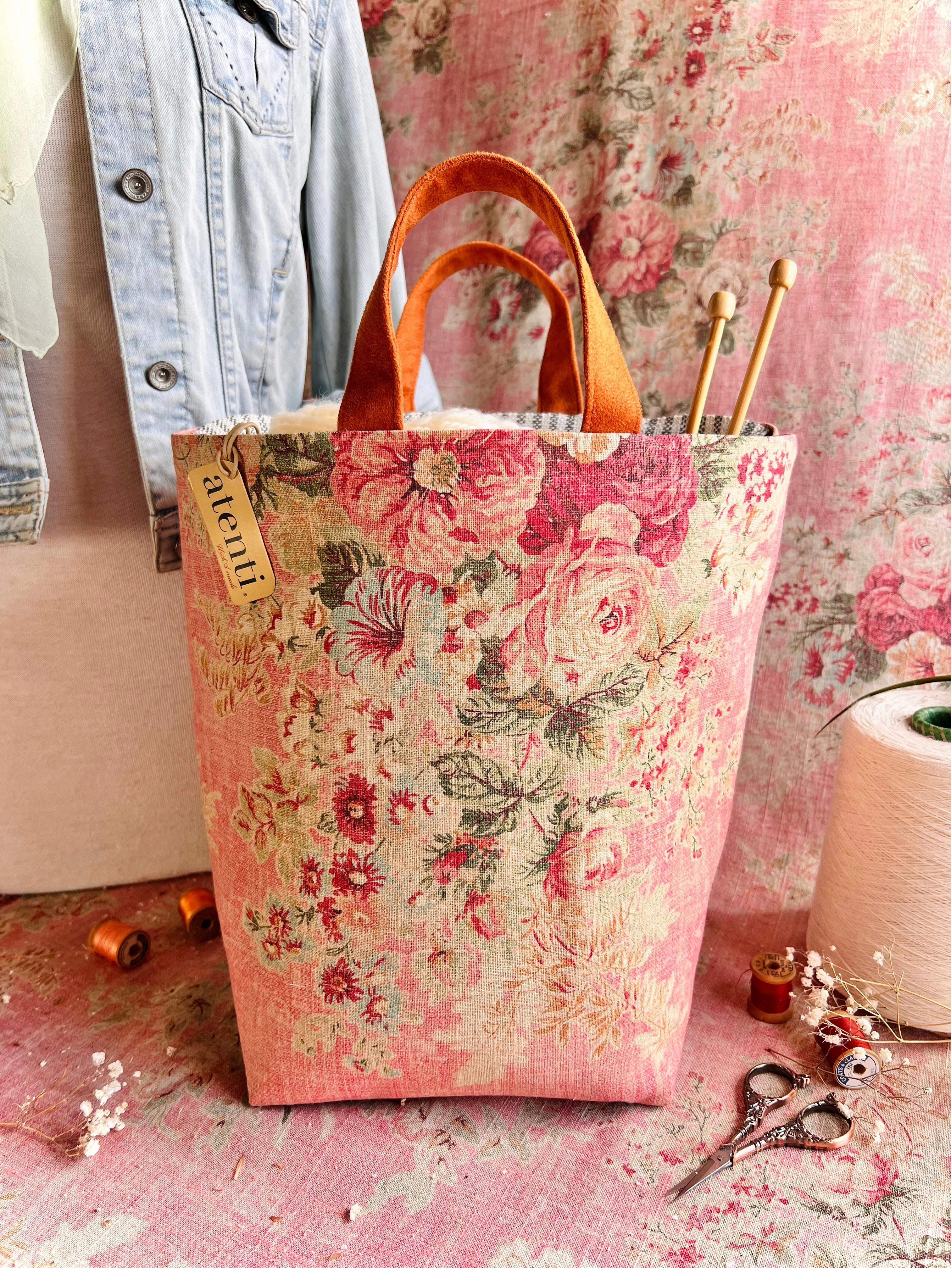 Rosewood Hope Basket?CHandmade USA Floral Knitting & Crochet Tote Weekend Work Large Handle