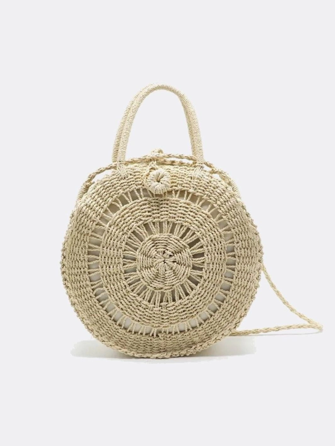 Office Day All Purpose Use Round Handwoven Cord Bag ?C Boho Tote with Dual Handles & Strap