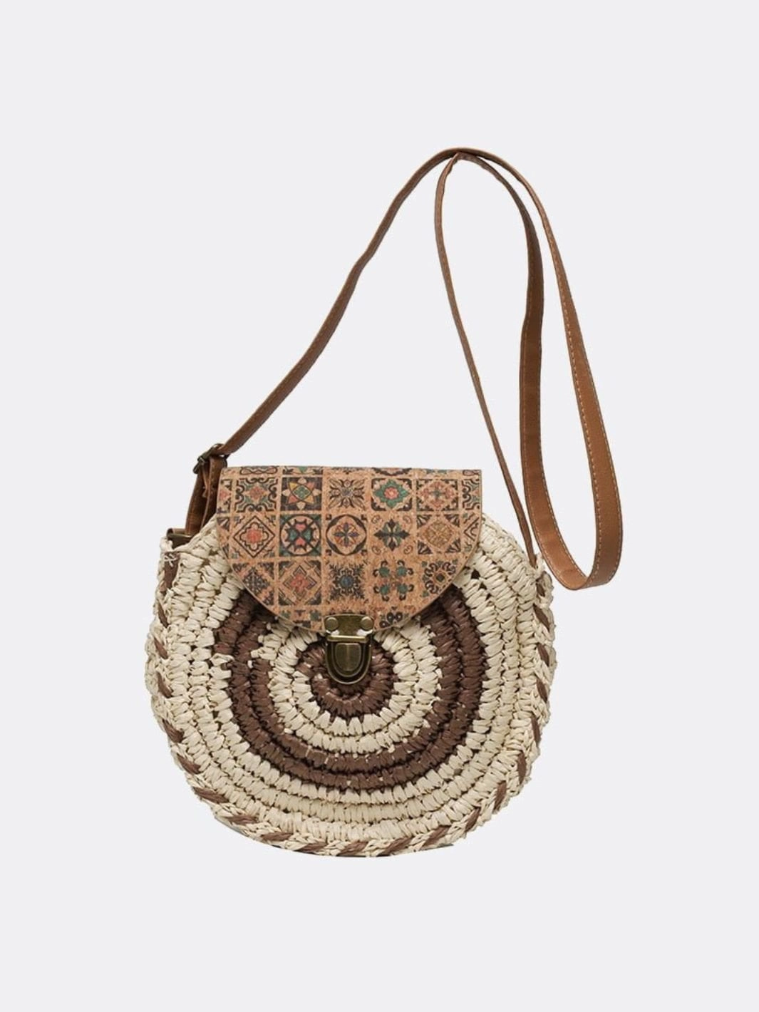 Eco-Conscious Shopper Round Woven Crossbody Bag with Patterned Flap ?C Boho Chic