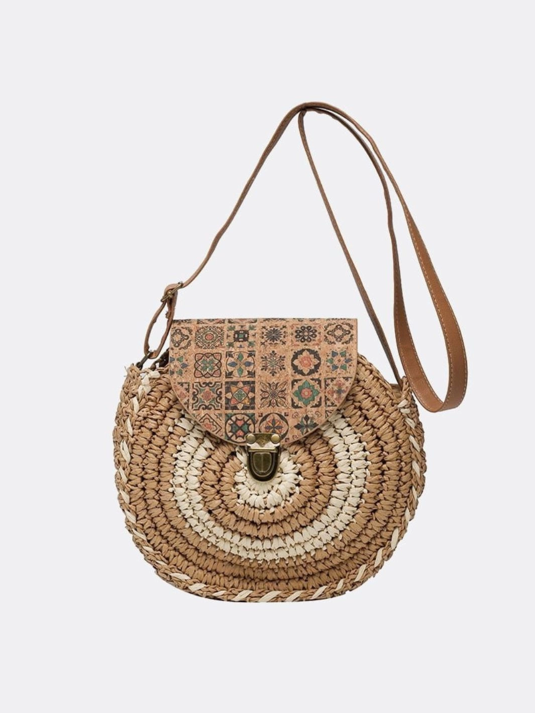 Round Woven Crossbody Bag with Patterned Flap ?C Boho Chic Patterned Shopper Eco Routine