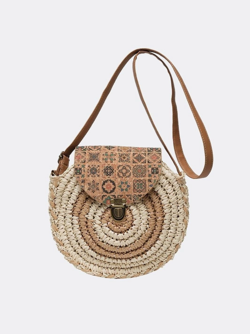 Waterproof Design Round Woven Crossbody Bag with Patterned Flap ?C Boho Chic