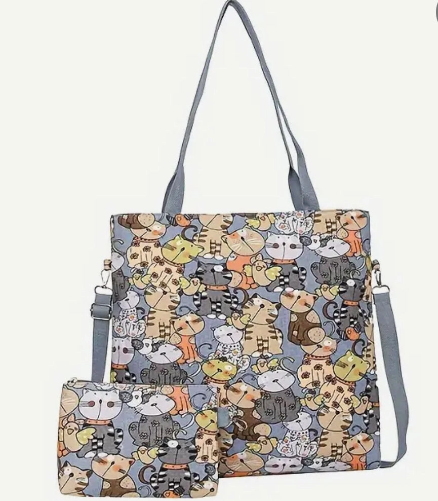 Functional Accessory Tote - Cartoon Cats Zippered Weekend Bag