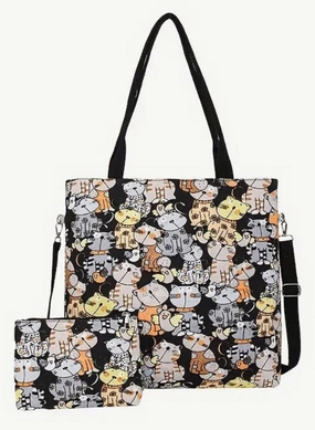 Travel Essential Tote - Cartoon Cats Zippered Weekend Bag