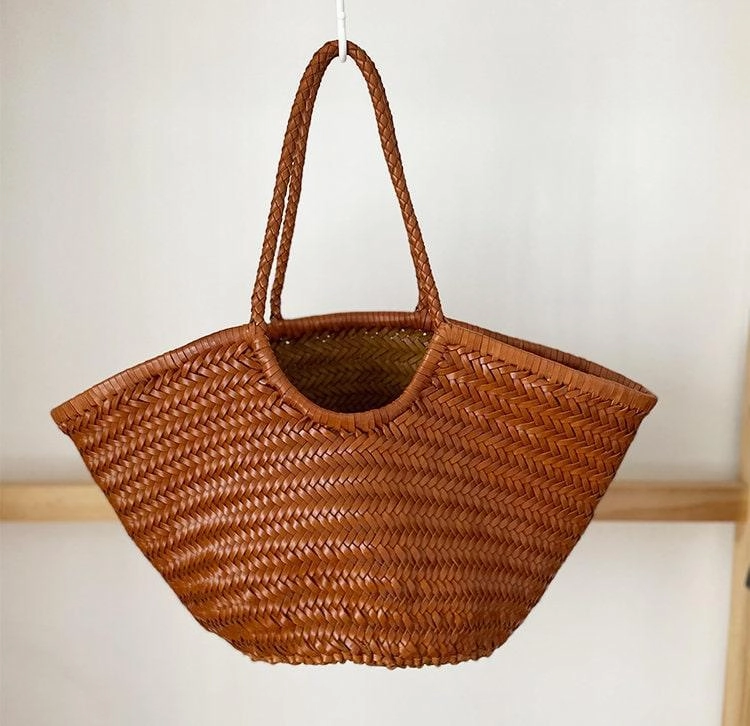 Fan-shaped Italy Leather interwoven Hobo Tote Bag, Full Grain Leather Triple Bamboo Bag, Summer Beach Bag, Handcrafted Designer Basket Bag Adjustable Strap Travel Companion
