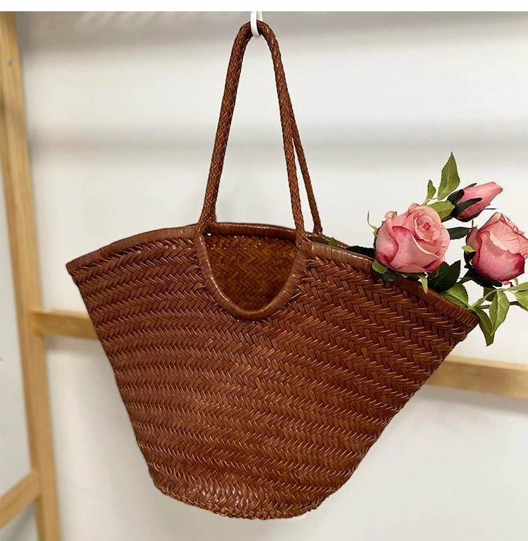 Fan-shaped Italy Leather interwoven Hobo Tote Bag, Full Grain Leather Triple Bamboo Bag, Summer Beach Bag, Handcrafted Designer Basket Bag Comfort Gear Compact Organizer