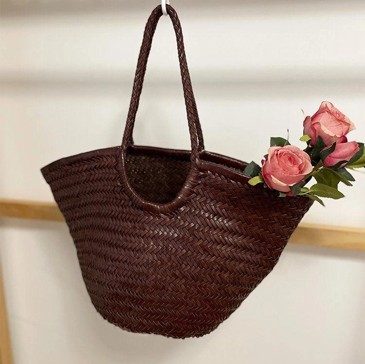 Stylish Journey Outdoor Travel Fan-shaped Italy Leather interwoven Hobo Tote Bag, Full Grain Leather Triple Bamboo Bag, Summer Beach Bag, Handcrafted Designer Basket Bag