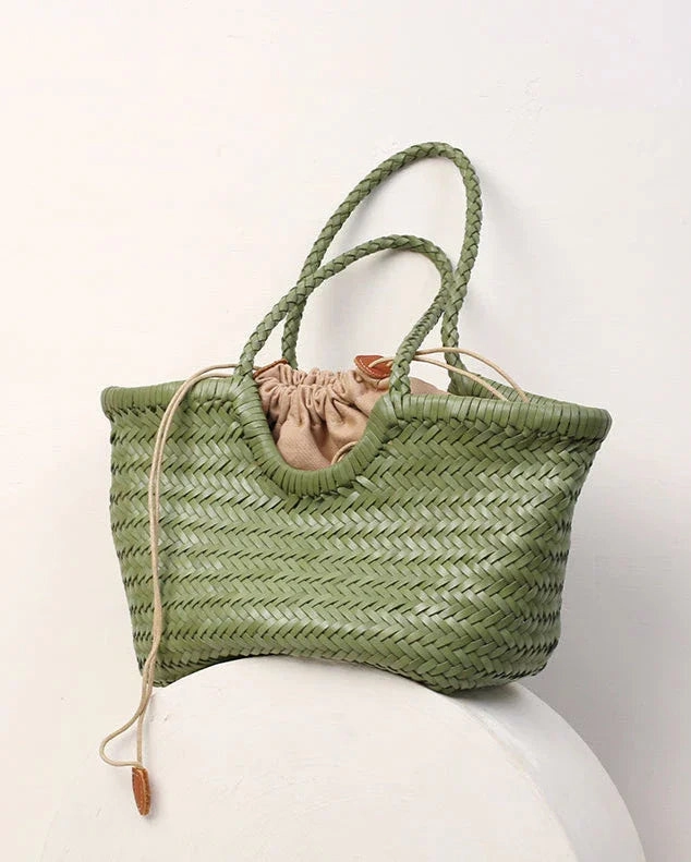Sage Green Handmade Woven Leather Tote Bag, Full Grain Leather Hand Woven Triple Jump Bamboo Ladies HoBo Bag, Curve Opening Summer Holiday Bag Modern Functionality Daily Gear