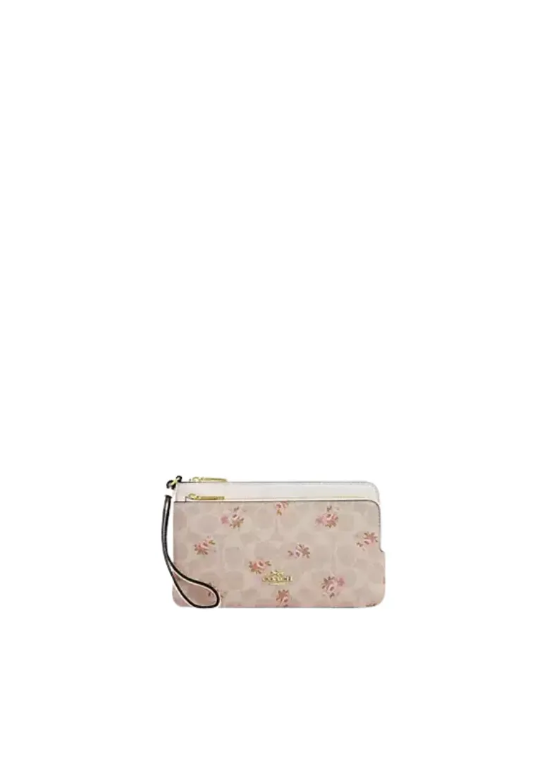 Coach Double Zip Wallet Signature Canvas With Floral Print In Sand Multi Car09 Luxury Harmony