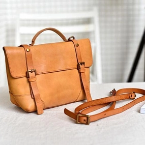 Casual Outfit Daily Essential Vintage Italy Cowhide Leather Messenger Bag | Leather Shoulder Bag | Handmade Hand Bag | Leather Contrast Color Crossbody Bag