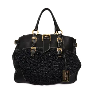 Effortless Chic DOLCE & GABBANA Black Crochet Fabric and Leather Zip Satchel