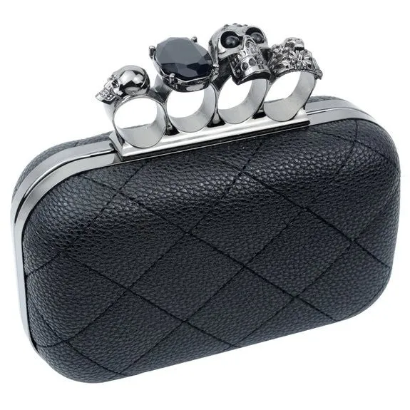 Quilted Skull Knuckle Clutch with Crossbody Chain Strap Premium Fashion Weekend Outing
