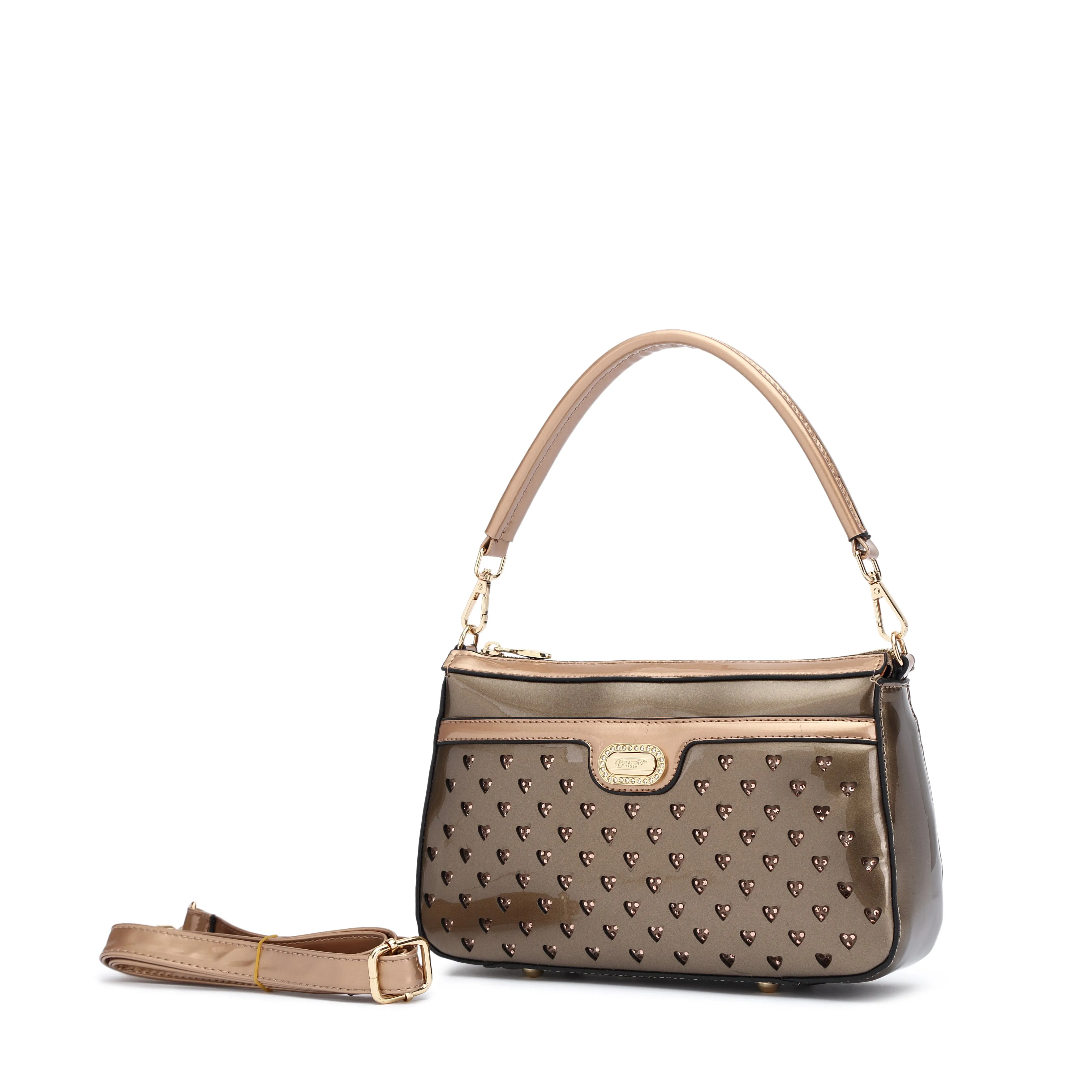 Brangio Italy Heart Studded Shoulder Bag ?C Olive & Taupe Faux Leather Handbag with Gold Logo Plate & Detachable Strap | U.S.A. Company Ships from L.A. Minimal Fashion