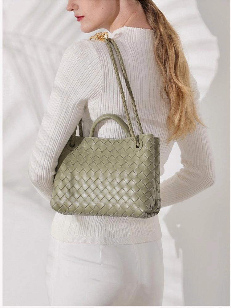 Comfort Travel Lambskin Leather Knotted Intrecciato Shoulder Bag | Woven Handbag With Metal Buckle, Daily Fashion Designer Bag, Woven Shoulder Purse