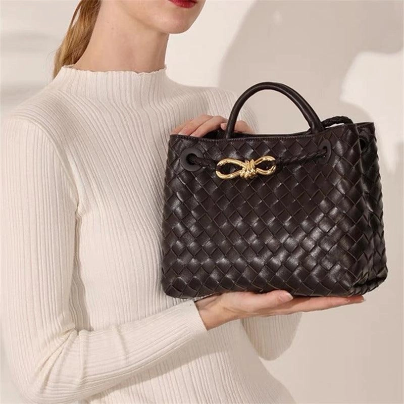 Lambskin Leather Knotted Intrecciato Shoulder Bag | Woven Handbag With Metal Buckle, Daily Fashion Designer Bag, Woven Shoulder Purse Street Utility Modern Journey