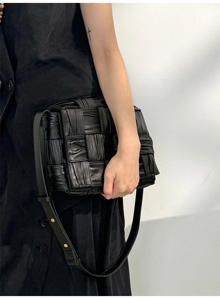 Outdoor Travel Comfort Wear Italy Lambskin Leather Quilted Elegant Shoulder Bag | Wrinkle Leather Handwoven Bag, Trendy Boutique Designer Bag, Classic Style Leather Bag