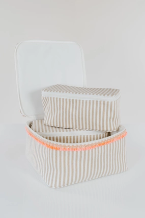 Modern Look Durable Texture Anya Beige Cotton Multi-Box Cosmetic Case