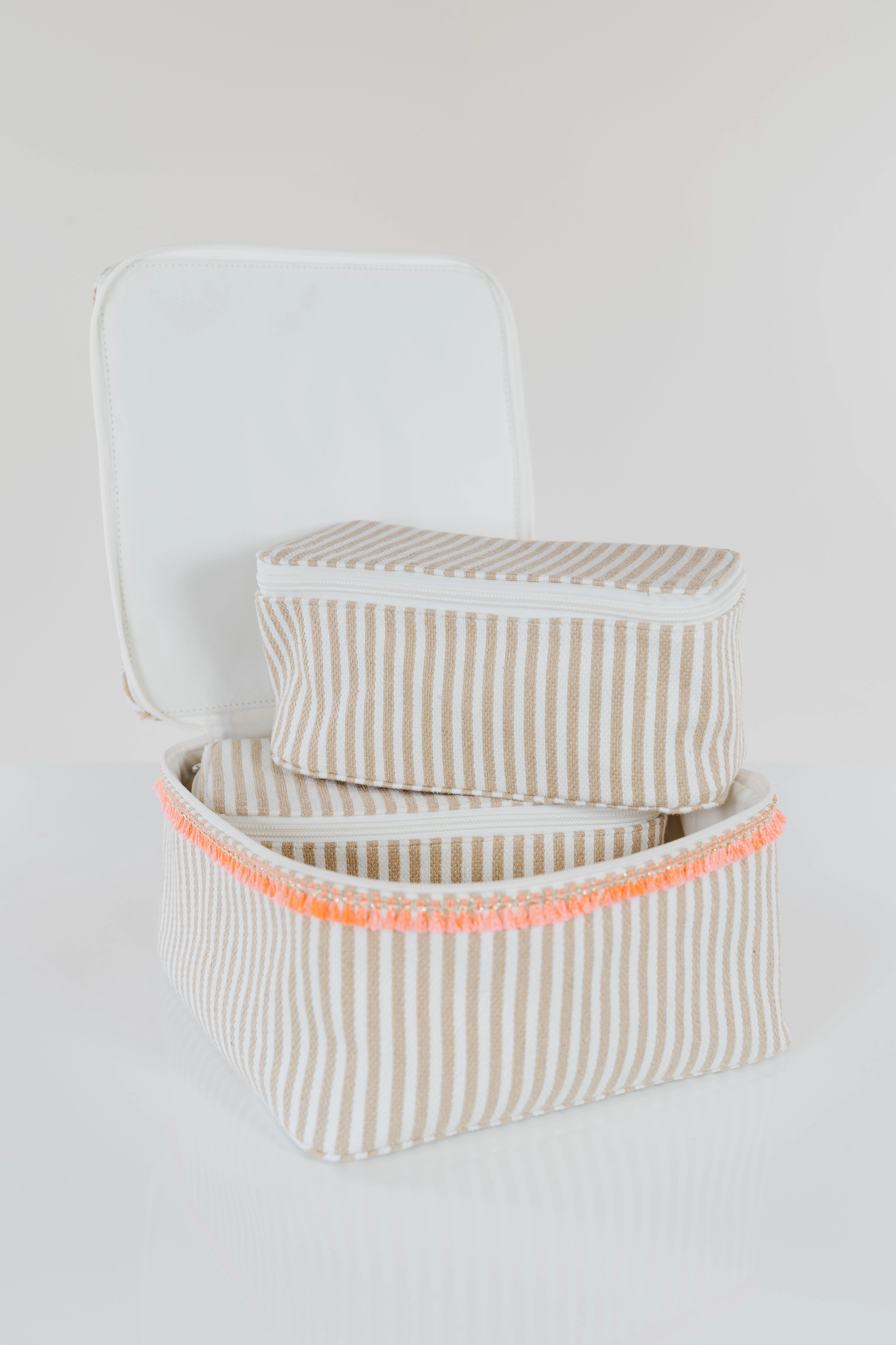 Modern Look Durable Texture Anya Beige Cotton Multi-Box Cosmetic Case