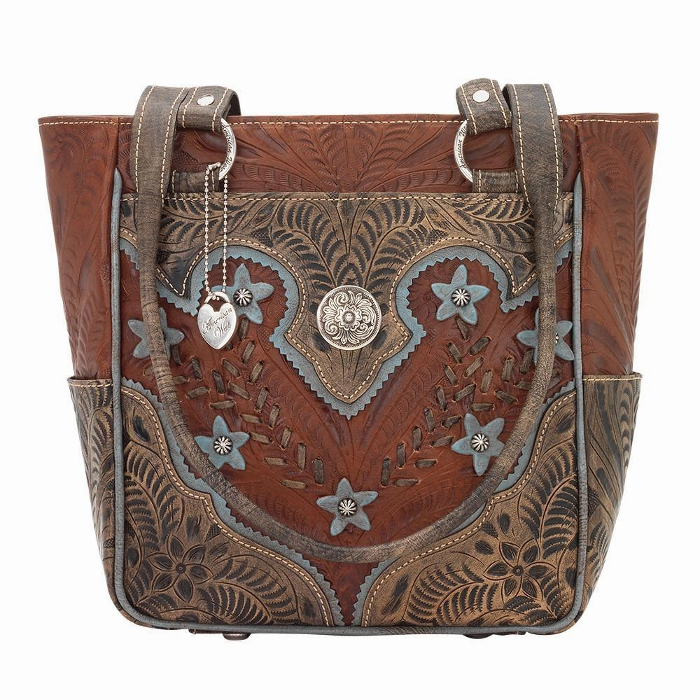 American West Handbag Desert Wildflower Collection: Leather Western Zip Top Tote Compact Carry Simple Lifestyle