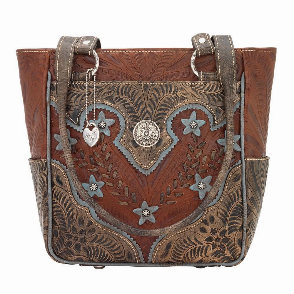 American West Handbag Desert Wildflower Collection: Leather Western Zip Top Tote Functional Detail