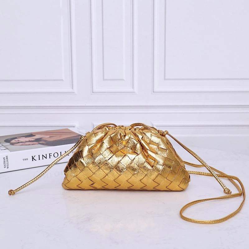 Sustainable Material Small Handcrafted Lambskin Leather Weave Cloud Pouch With Pleated Design, Woven Crossbody Clutch Evening Bag