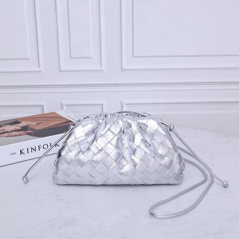 Small Handcrafted Lambskin Leather Weave Cloud Pouch With Pleated Design, Woven Crossbody Clutch Evening Bag Casual Style Effortless Style
