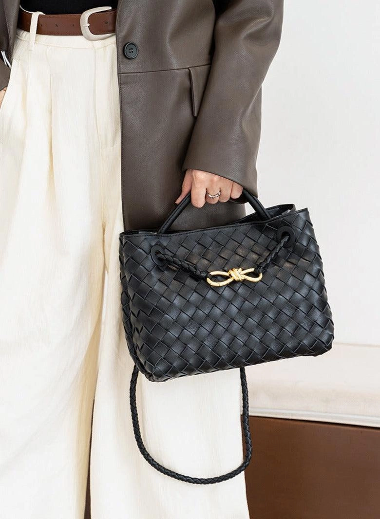 Everyday Travel Urban Adventure Small Lambskin Leather Knotted Intrecciato Shoulder Bag | Woven Handbag With Metal Buckle, Daily Fashion Designer Bag, Woven Shoulder Purse