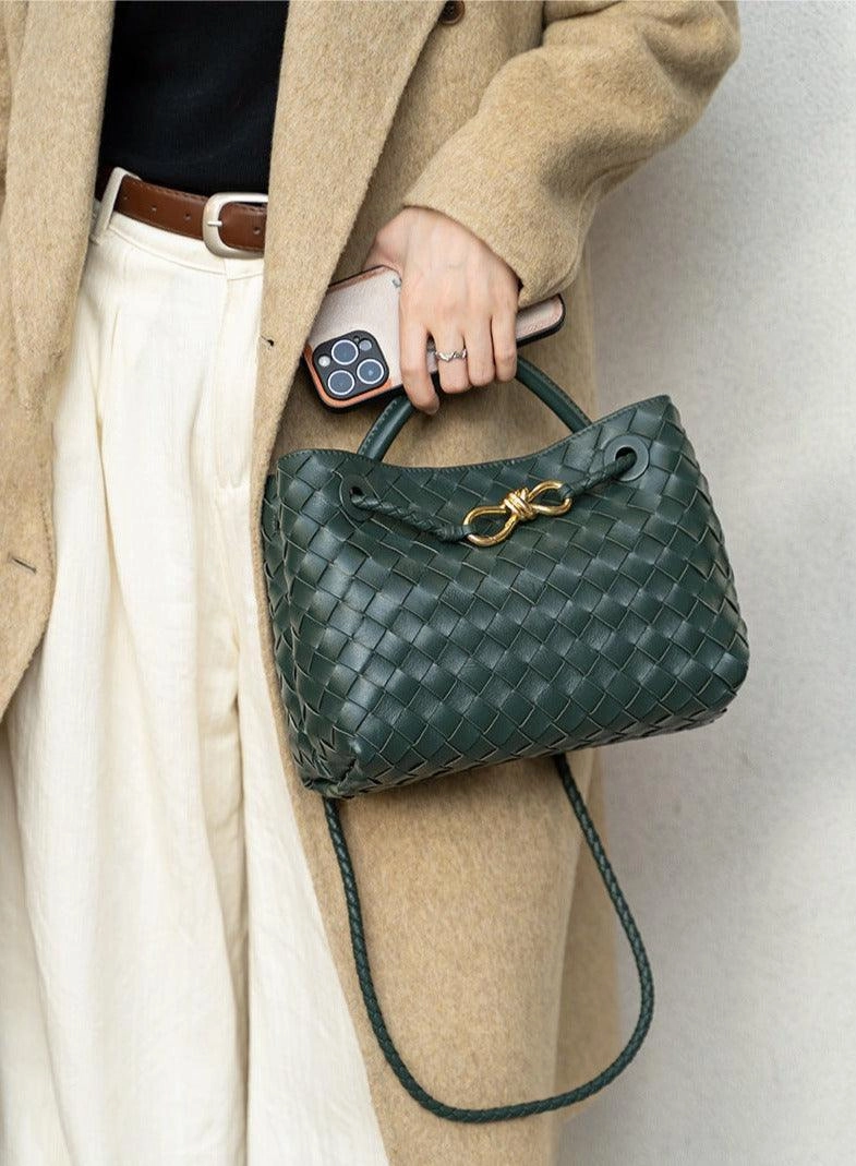 Small Lambskin Leather Knotted Intrecciato Shoulder Bag | Woven Handbag With Metal Buckle, Daily Fashion Designer Bag, Woven Shoulder Purse Durable Utility Versatile Storage