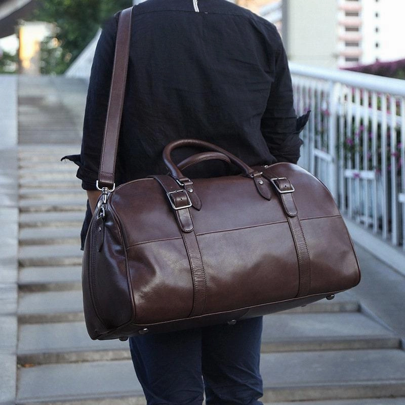 Handcrafted Full Grain Leather Duffle, Chic Leather Boston Weekender Travel Women Bag, Leather Luggage Carry on Baggage, Gym Bag, Men Leather Bag Alexel Crafts Functional Comfortability