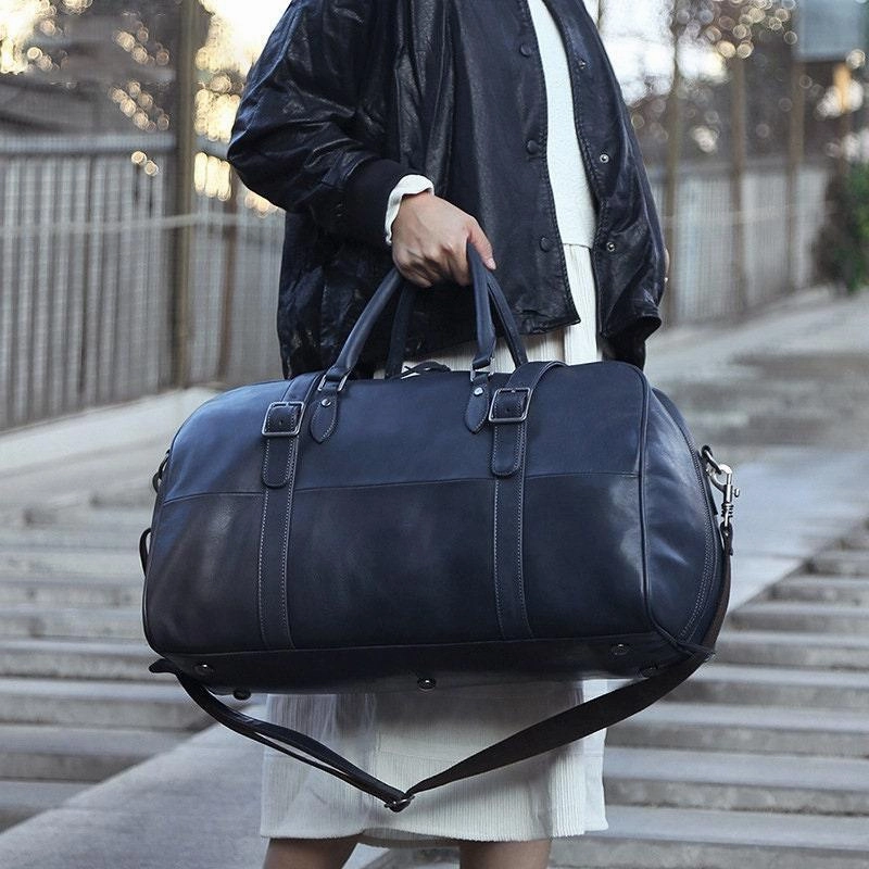 Everyday Practicality Handcrafted Full Grain Leather Duffle, Chic Leather Boston Weekender Travel Women Bag, Leather Luggage Carry on Baggage, Gym Bag, Men Leather Bag Alexel Crafts