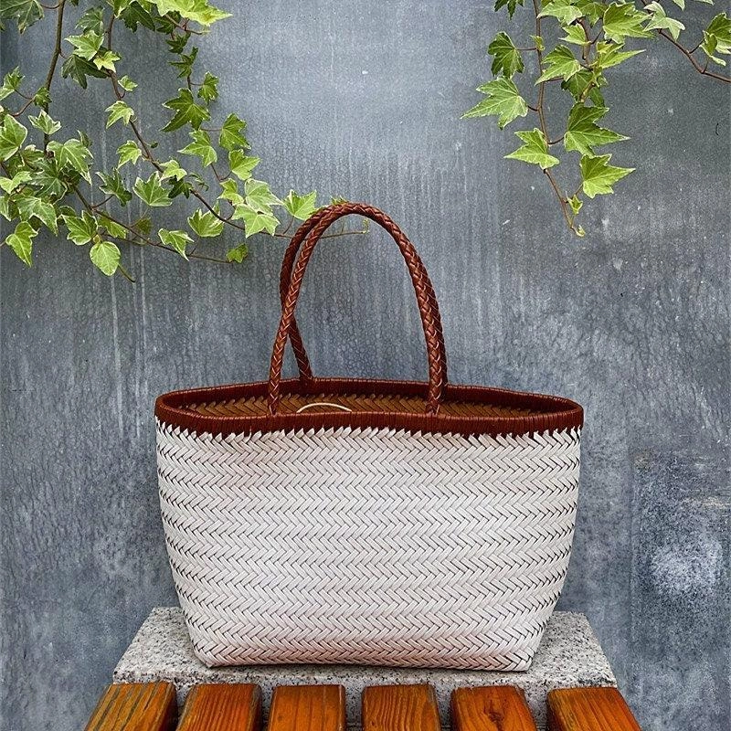 Travel Friendly Brown White Handcrafted Cowhide Leather Summer Woven Bag, Woven Triple Jump Bamboo Style HandBag, Woven Beach Bag, Leather Basket Bag