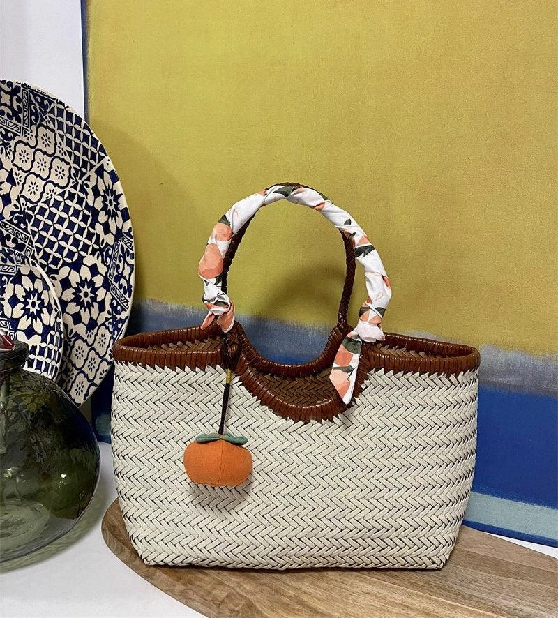 Brown White Handcrafted Cowhide Leather Summer Woven Bag, Woven Triple Jump Bamboo Style HandBag, Woven Beach Bag, Leather Basket Bag Compact Fit Refined Simplicity