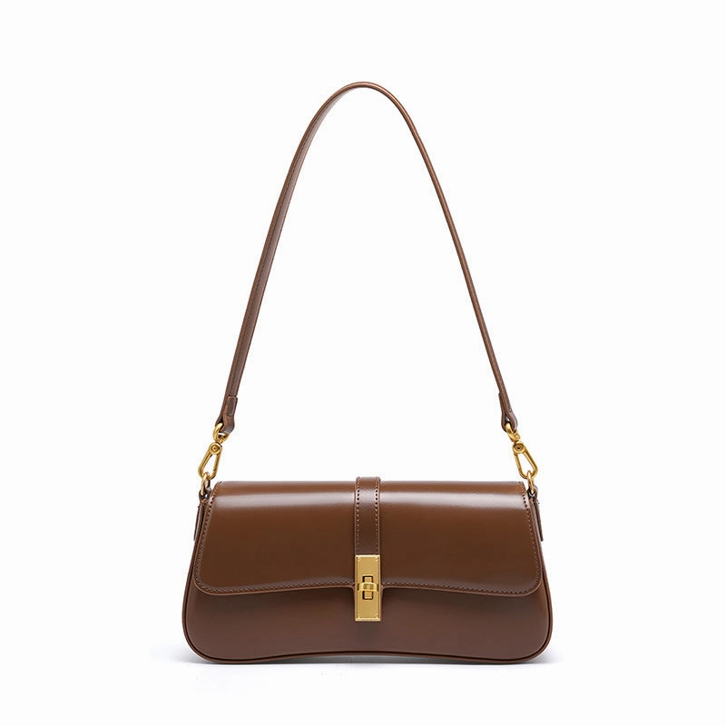 ??loise | Sleek Leather Baguette Bag ?C Detachable Strap & Gold-Tone Lock Durable Companion