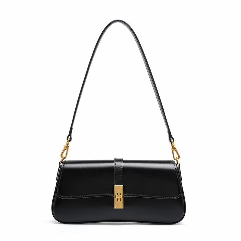 Elegant Style Classic Elegance ??loise | Sleek Leather Baguette Bag ?C Detachable Strap & Gold-Tone Lock