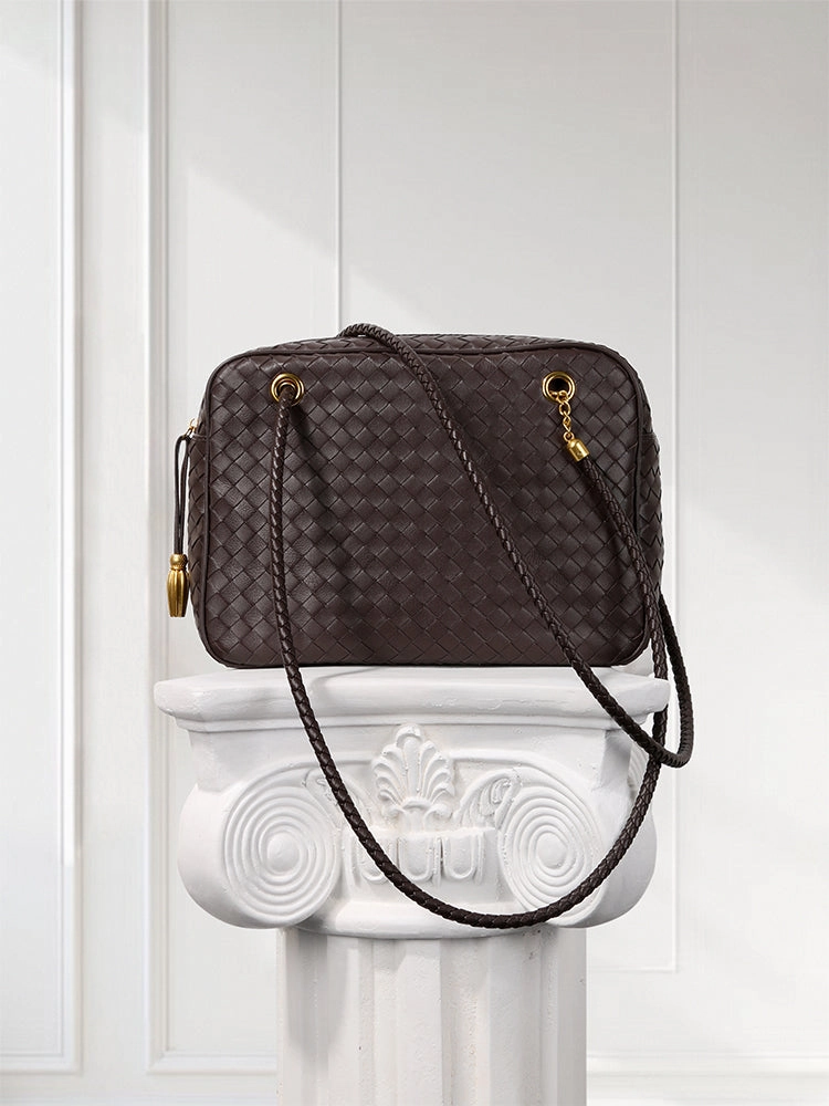 Handmade Woven Lambskin Leather Shoulder Bag, Luxury Box Purse, Vintage Bowling Style Women??s Commuter Handbag Functional Design