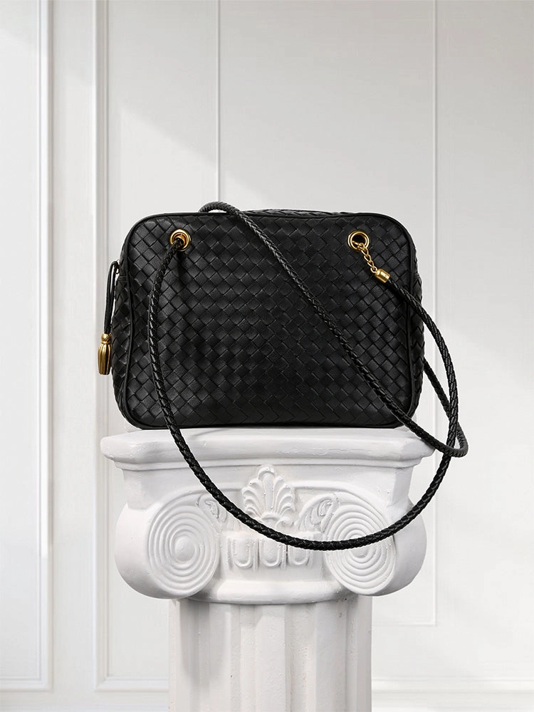 Functional Form Handmade Woven Lambskin Leather Shoulder Bag, Luxury Box Purse, Vintage Bowling Style Women??s Commuter Handbag