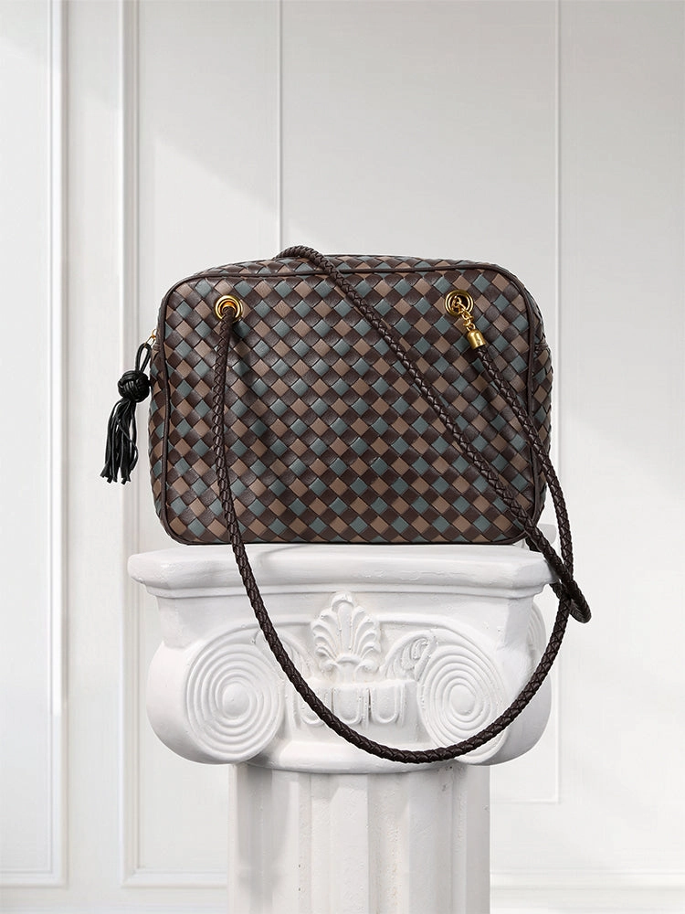 Handmade Woven Lambskin Leather Shoulder Bag, Luxury Box Purse, Vintage Bowling Style Women??s Commuter Handbag simple design