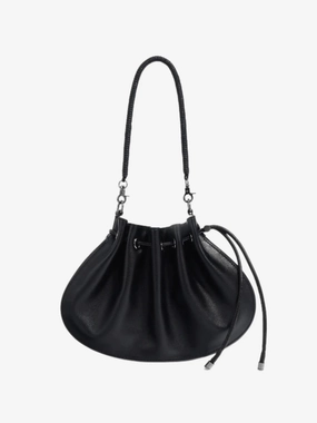 Celeste | Luxe Black Leather Drawstring Bag ?C Unique & Elegant Day-to-Day Bag light texture