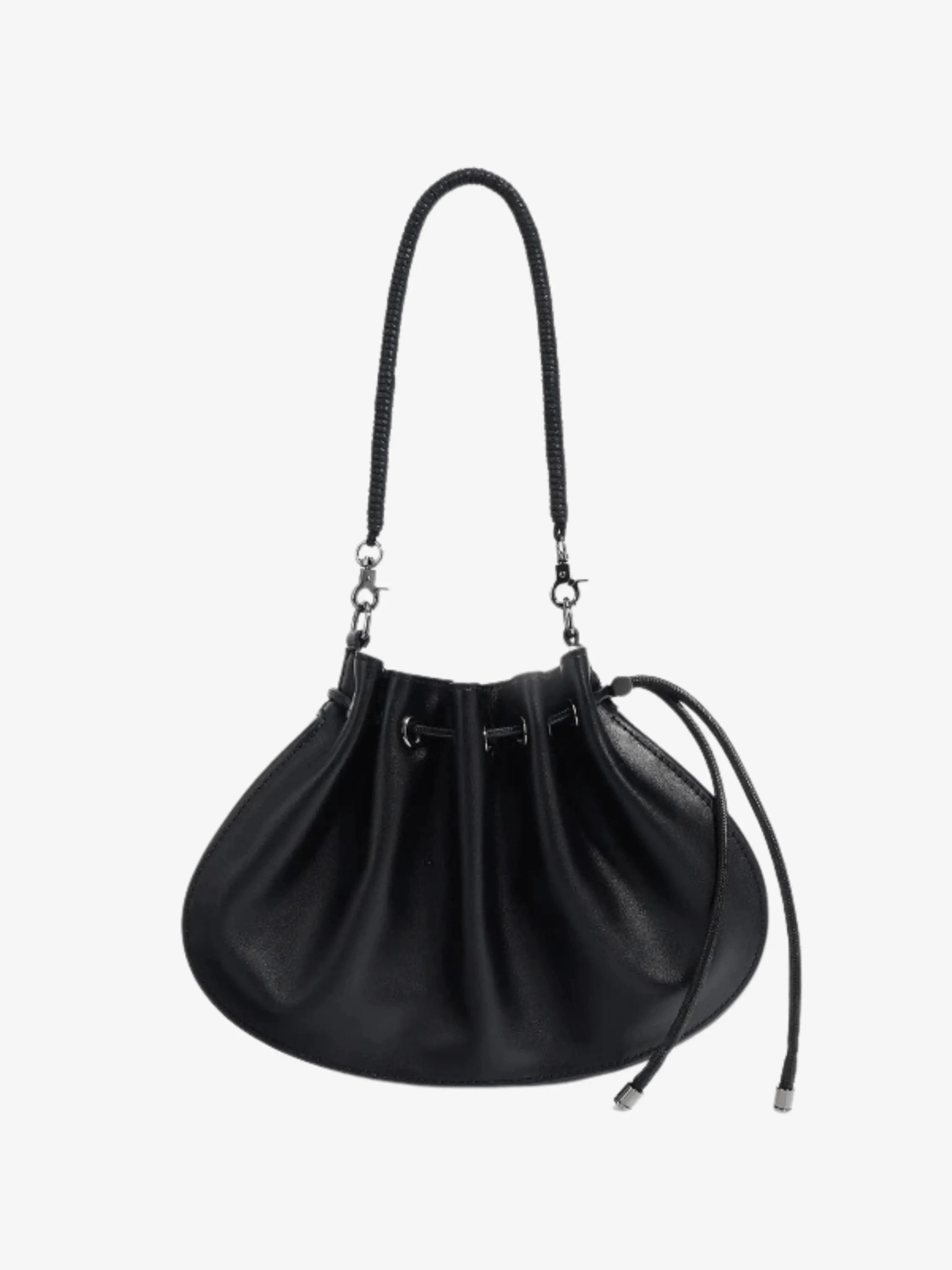 Celeste | Luxe Black Leather Drawstring Bag ?C Unique & Elegant Day-to-Day Bag light texture