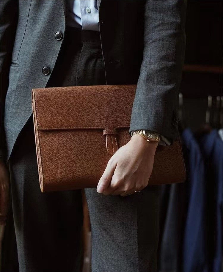 Custom Men??s and Women??s Leather Clutch Bag, Handmade Full Grain Togo Leather Business Handbag with 42 Color Options Smart Utility